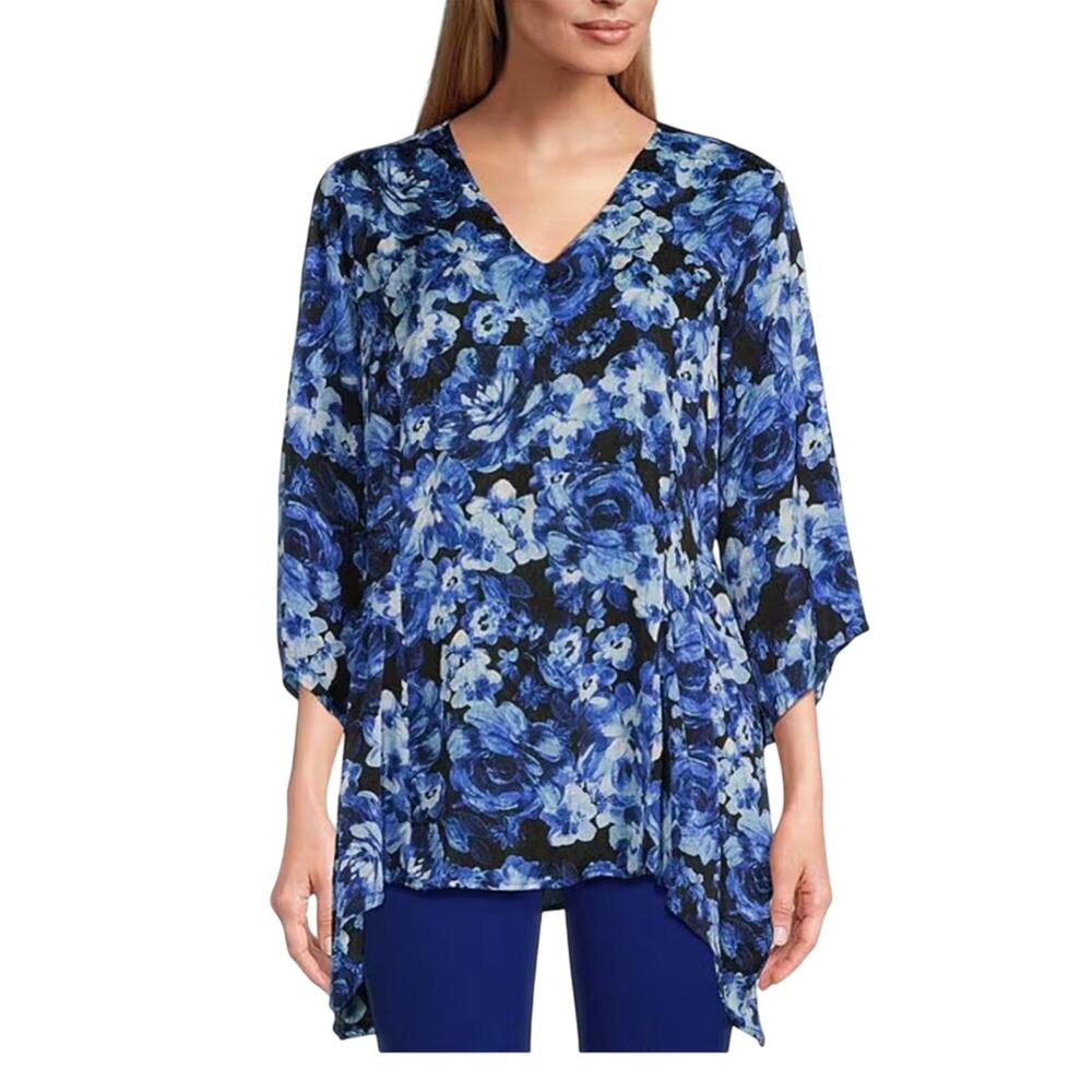 Slim Factor By Investments V Neck 3/4 Angled Sleeve Blue Top 3X